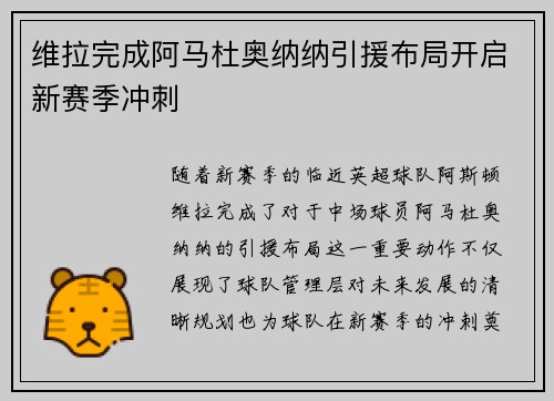 维拉完成阿马杜奥纳纳引援布局开启新赛季冲刺 维拉完成阿马杜奥纳纳引援布局开启新赛季冲刺